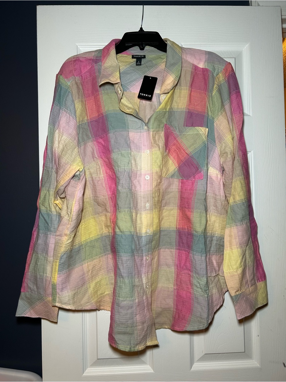 torrid Pastel Plaid Button-Down Shirt in Pink, Yellow, Green